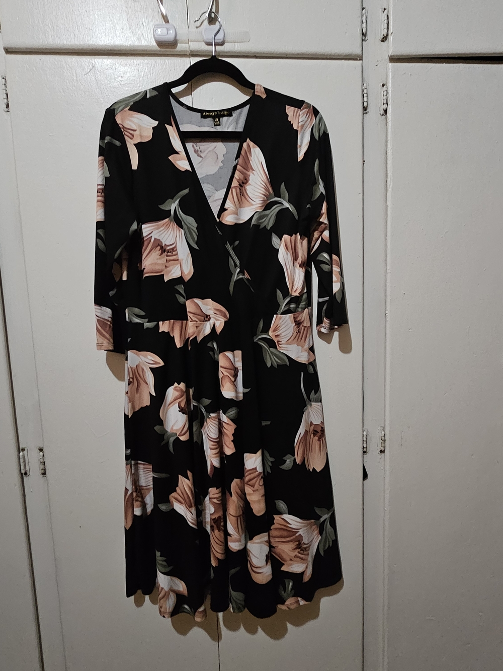 Almost Famous Black Floral Asymmetrical Wrap Dress with Blush Blooms
